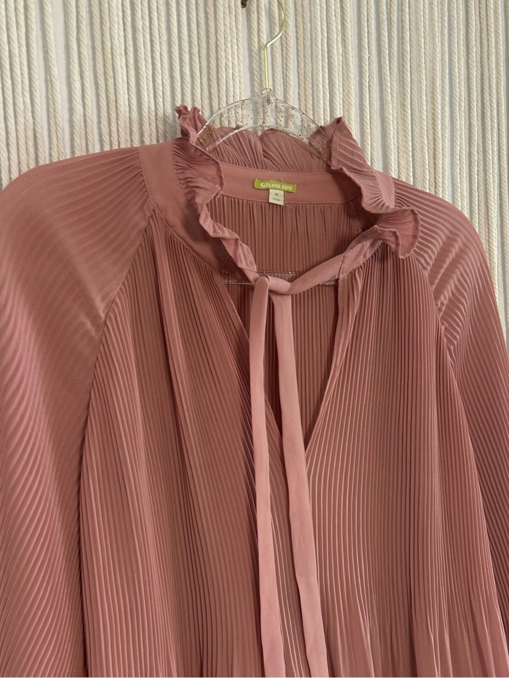 Gianni Bini Pleated Ruffle Tie-Neck Blouse - Dusty Rose Lightweight Sheer - Picture 6 of 11